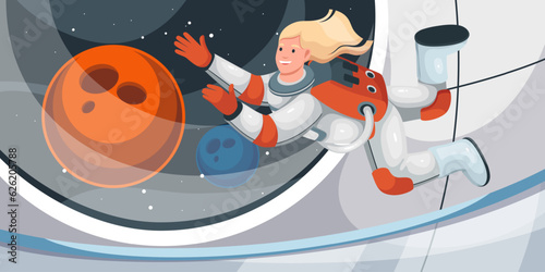 Female astronaut floating inside spaceship vector illustration. Cartoon woman in suit for space flights looking through window in spacecraft cabin at planets, astronaut flying in zero gravity