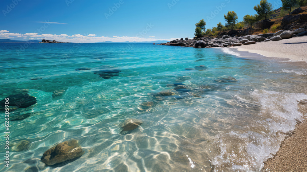 A secluded, pristine beach, its white sands sparkling under the radiant afternoon sun. A secluded, pristine beach, its white sands sparkling under the radiant afternoon sun.
