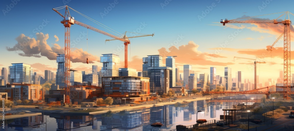 Fototapeta premium Urban property building construction sites and tower cranes. Generative AI technology.