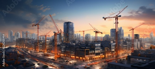 Big apartment complex building construction sites and tower cranes. Generative AI technology.