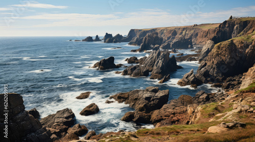 The view from the edge of a steep cliff, overlooking a rugged, rocky coast under the relentless sun. © GraphicsRF