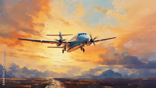 airplane against the sunset sky, flight, oil painting impressionism. Generative AI © kichigin19