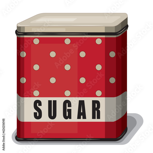 Vintage sugar can, polka dot red metal jar for sugar in retro style, isolated on white background