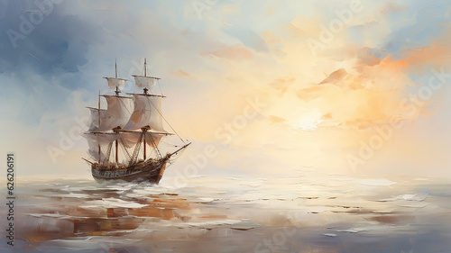 ship with sails in the desert on sandy waves oil paint painting. Generative AI © kichigin19