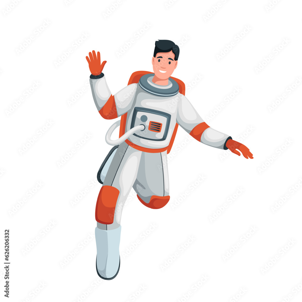 Astronaut greeting vector illustration. Cartoon isolated male cosmonaut character with happy face waving hand to say Hi or Bye, Welcome, friendly expression and gesture of astronaut in spacesuit