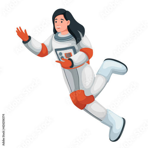 Female astronaut waving hand and floating vector illustration. Cartoon isolated woman in astro suit greeting, astronaut character flying to say Hi or Welcome with happy gesture and expression on face