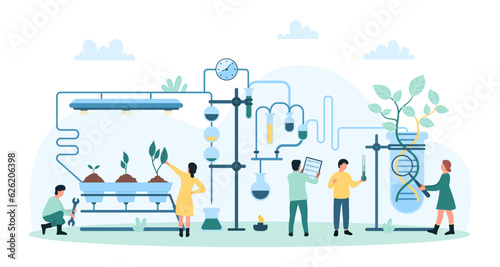 Biotechnology, research and growing plants in laboratory vector illustration. Cartoon tiny people holding magnifying glass and thermometer for sprout breeding in futuristic genetic lab experiment