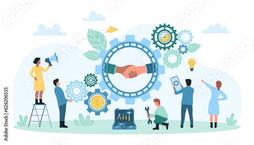 Business partnership, teamwork meeting and agreement vector illustration. Cartoon handshake of partners inside gears, team of tiny people work with automated labor mechanism and mechanical tools