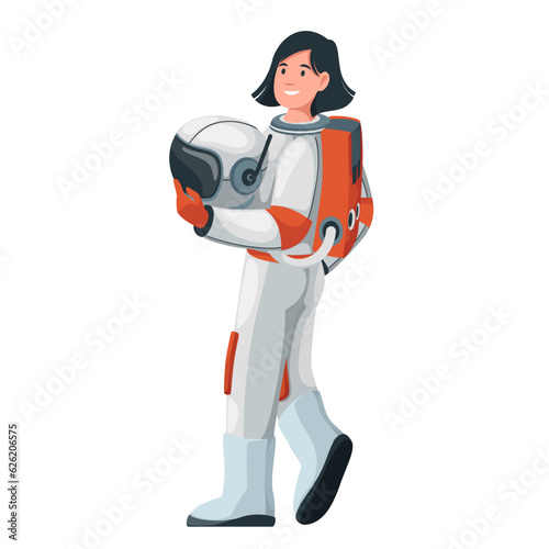 Female astronaut holding helmet vector illustration. Cartoon isolated woman in starship pilot costume walking in gravity of planet, side view of brave professional astronaut character in uniform