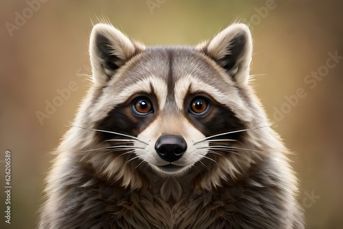 cute portrait of a raccoon looking to the camera on neutral background created with generative ai technology © Alena Yakusheva