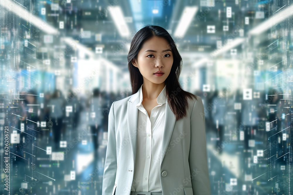 Fototapeta premium Portrait of Asian businesswoman, big data concept 