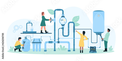 Installation of home water supply system vector illustration. Cartoon tiny people install treatment filter and boiler, plumbing, valves and water meter inspection by workers of maintenance service