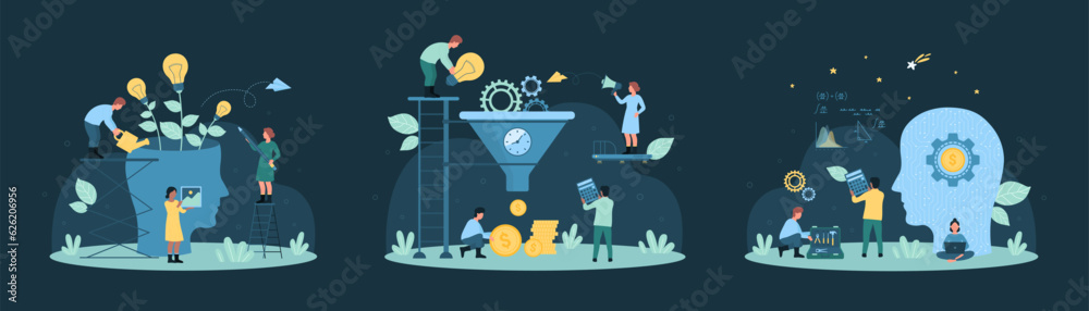 Naklejka premium Cartoon tiny people work on money generation and idea improvement with funnel and light bulb, water plants of knowledge in silhouette of head. Process of growth and cooperation vector dark set