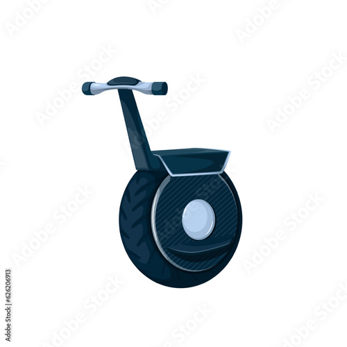 One wheel electric scooter vector illustration. Cartoon isolated side view of electric unicycle with handle, monowheel sport vehicle for summer city ride and training, hipsters futuristic monocycle