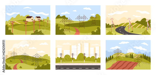 Power lines vector illustration. Cartoon isolated city, village and nature landscape scenes collection with high voltage electric towers for energy transmission and distribution, road with pylons post