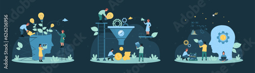 Cartoon tiny people work on money generation and idea improvement with funnel and light bulb, water plants of knowledge in silhouette of head. Process of growth and cooperation vector dark set