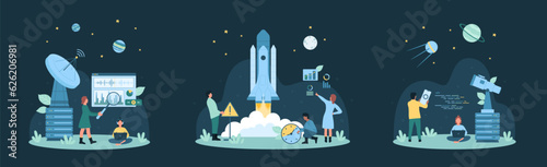 Space discovery, universe exploration set vector illustration. Cartoon tiny people discover stars and planets of galaxy with telescope and shuttle, connect to satellite to send speed messages