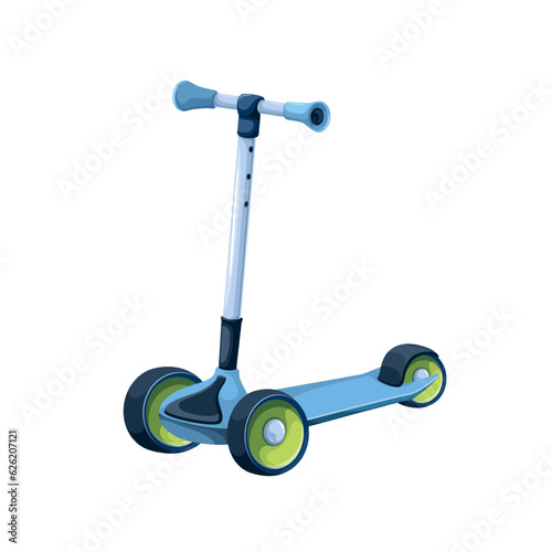 Kick scooter with three wheels for kids vector illustration. Cartoon isolated kickboard scooter for preschool boys and girls to skate and play in summer park, push transport of active toddlers