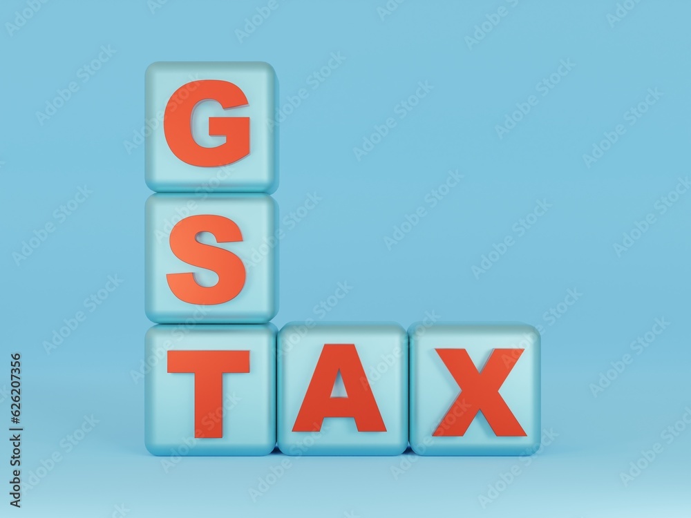 GST and Tax Buzzword Cubes - Blue Background - 3D Rendering GST and Tax Buzzword Cubes - Blue Background - 3D Rendering