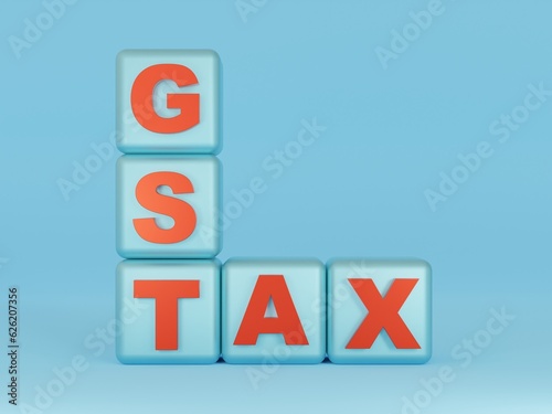 GST and Tax Buzzword Cubes - Blue Background - 3D Rendering