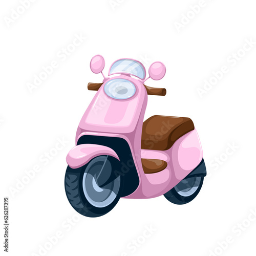 Pink moped vector illustration. Cartoon isolated motor scooter with engine, two wheels and seat for city road adventure, urban transportation and travel vehicle, retro moped for woman driver