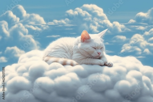 Obraz na plátně A heartwarming and adorable photography of a cute cat peacefully sleeping on a fluffy cloud, radiating pure serenity and comfort
