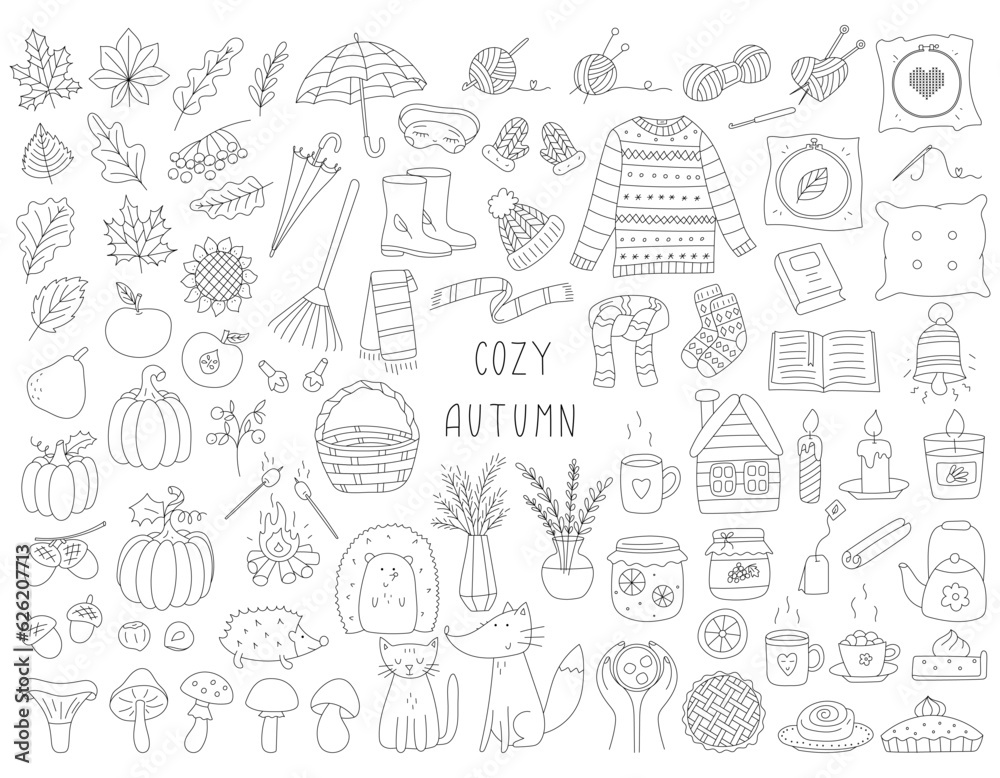 Fototapeta premium Set of hand drawn autumn elements. Outline design objects symbolizing autumn, comfort, harvest. Warm clothes, leaves, hot drink. Black white vector illustration isolated on white . Editable stroke
