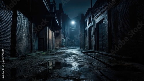 Dark alleyway shrouded in mystery. Halloween concept for ghost-hunting equipment supplier, paranormal podcast, ghost tour agency.