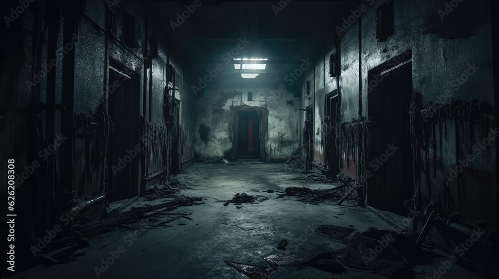 Deserted, haunted asylum with lingering phantoms. Halloween concept for horror-themed escape room, haunted attraction organizer, abandoned location photoshoots.
