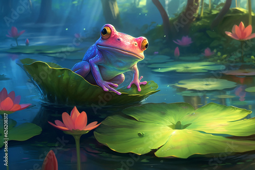 An adorable and charming illustration of a cute frog sitting on a lily pad in a serene lake or pond, capturing the tranquility and beauty of nature. Ai generated © dragomirescu