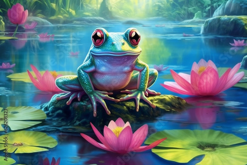 An adorable and charming illustration of a cute frog sitting on a lily pad in a serene lake or pond, capturing the tranquility and beauty of nature. Ai generated