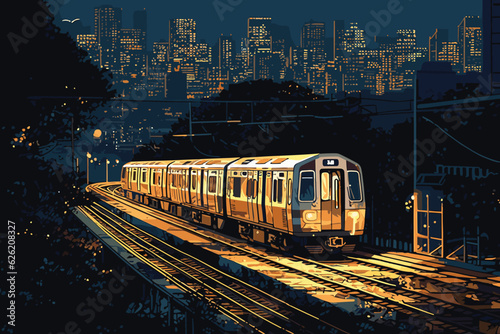 The train is running to the destination station when the sun is going down in the evening in a beautiful natural way Vector art illustration painting watercolor