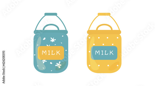A set of milk in blue and yellow cans with the inscription: "Milk".
Blue jar with milk spots, yellow jar with polka dots.
Vector eps 10, white background.