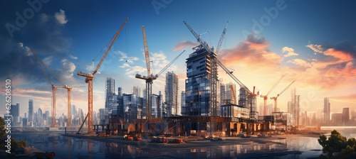 Apartment building construction sites and large tower cranes. Generative AI technology.