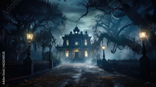 Eerie mist envelops the haunted mansion. Halloween concept for haunted house attraction  photography studio  tour company.