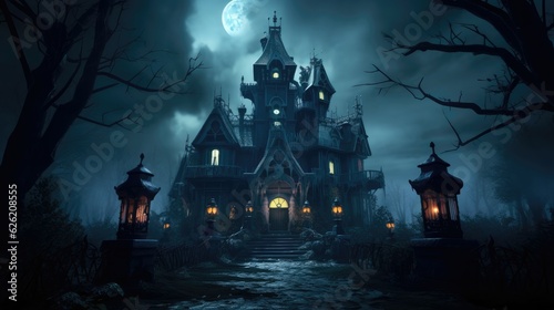 Foto Eerie mist envelops the haunted mansion