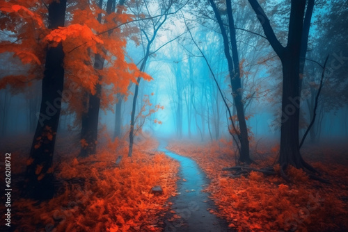 Mesmerizing scene of a mystical forest, enveloped in ethereal blue fog and with vibrant yellow leaves during the enchanting season of autumn. Ai generated © dragomirescu