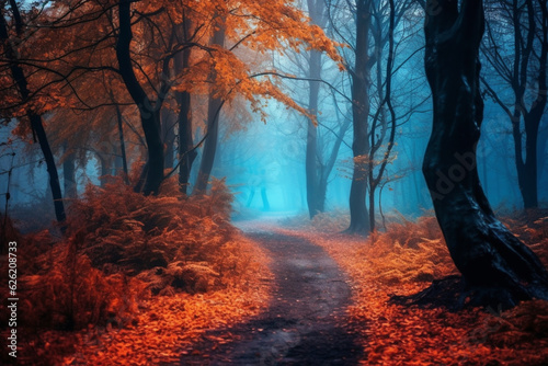 Mesmerizing scene of a mystical forest  enveloped in ethereal blue fog and with vibrant yellow leaves during the enchanting season of autumn. Ai generated