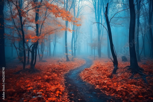 Mesmerizing scene of a mystical forest, enveloped in ethereal blue fog and with vibrant yellow leaves during the enchanting season of autumn. Ai generated