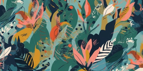 Modern exotic artistic floral jungle pattern. Collage contemporary seamless pattern. Hand drawn cartoon style pattern, Generative AI