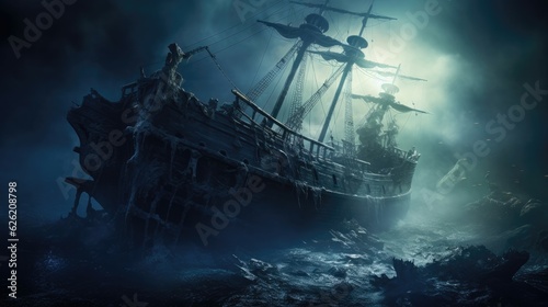 Haunted shipwreck emerging from the misty ocean. Halloween concept for nautical-themed restaurant, marine adventure tour, ghost ship-themed party.
