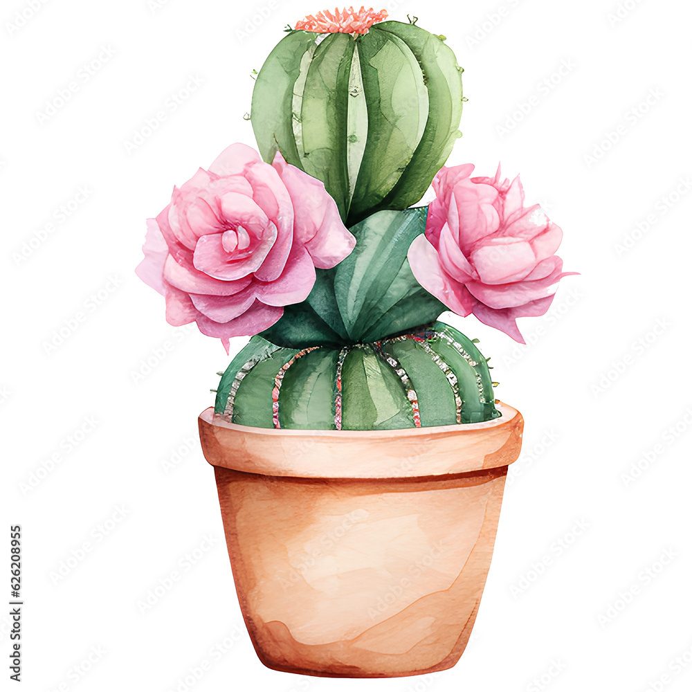 Big  group Cactus with big pink Flowers in a Plant Pot