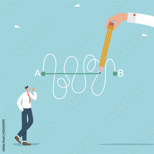 Help and mentorship during work process or project, strategy for successful achievement of goals, business planning to overcome difficulties, big hand draws way from point A to point B with a pencil.