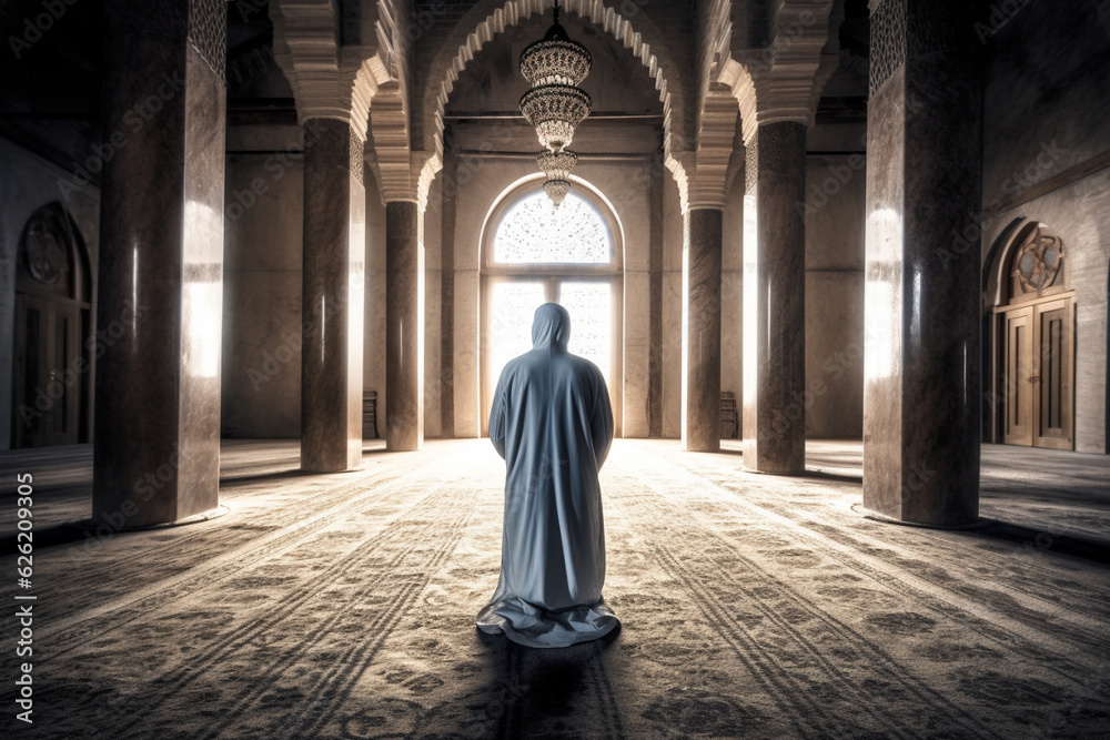 Naklejka premium A powerful scene of a devout Muslim man deep in prayer, connecting with his faith inside a mosque, as the sunrays illuminate the sacred space, creating a profound spiritual ambiance. Ai generated