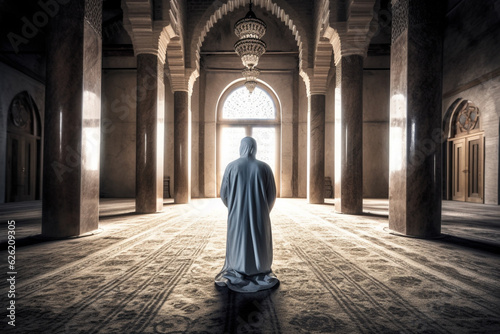 A powerful scene of a devout Muslim man deep in prayer, connecting with his faith inside a mosque, as the sunrays illuminate the sacred space, creating a profound spiritual ambiance. Ai generated