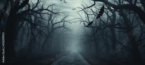 Creepy forest horror melancholic dark background. Generative AI technology.