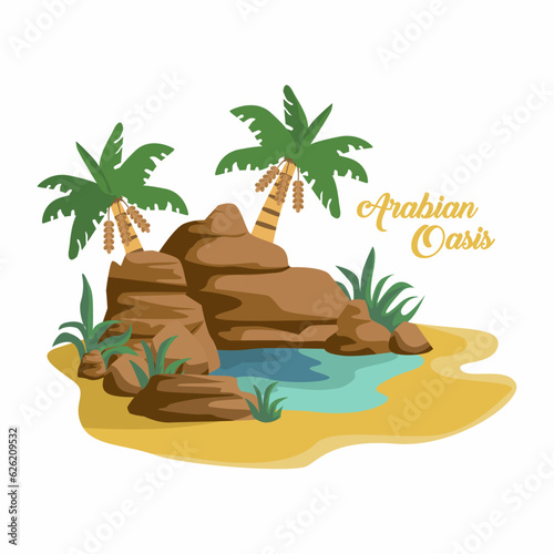 Arabian desert oasis design with stones, dates tree, and fountain. 