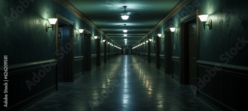 Empty hotel corridor melancholic dark background. Generative AI technology.