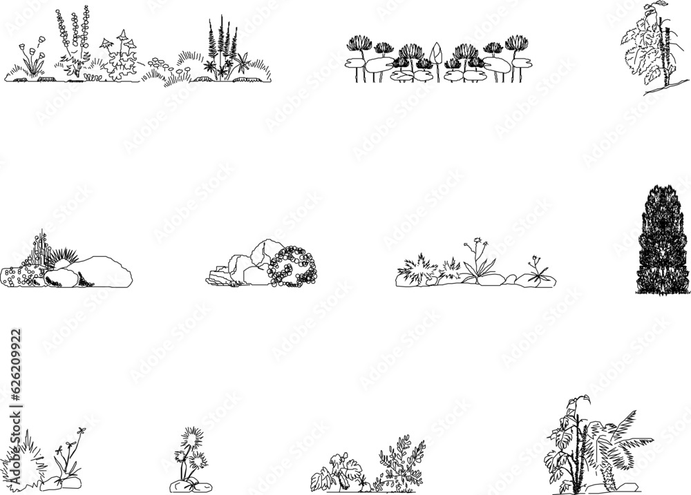 Vector sketch detailed silhouette illustration of wild bush plant in urban forest park