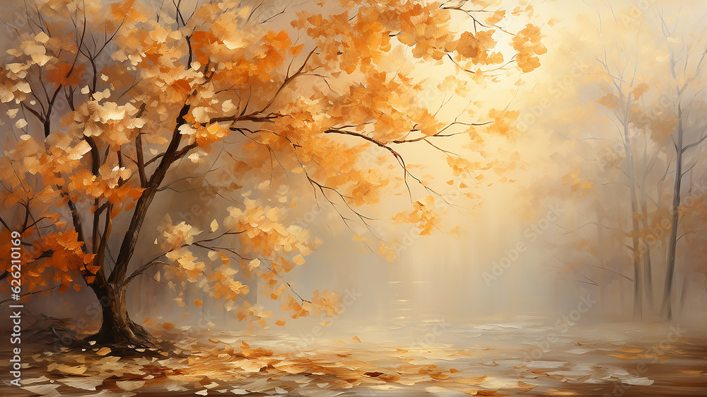 blurred background in autumn park foggy morning landscape with copy space. Generative AI blurred background in autumn park foggy morning landscape with copy space. Generative AI